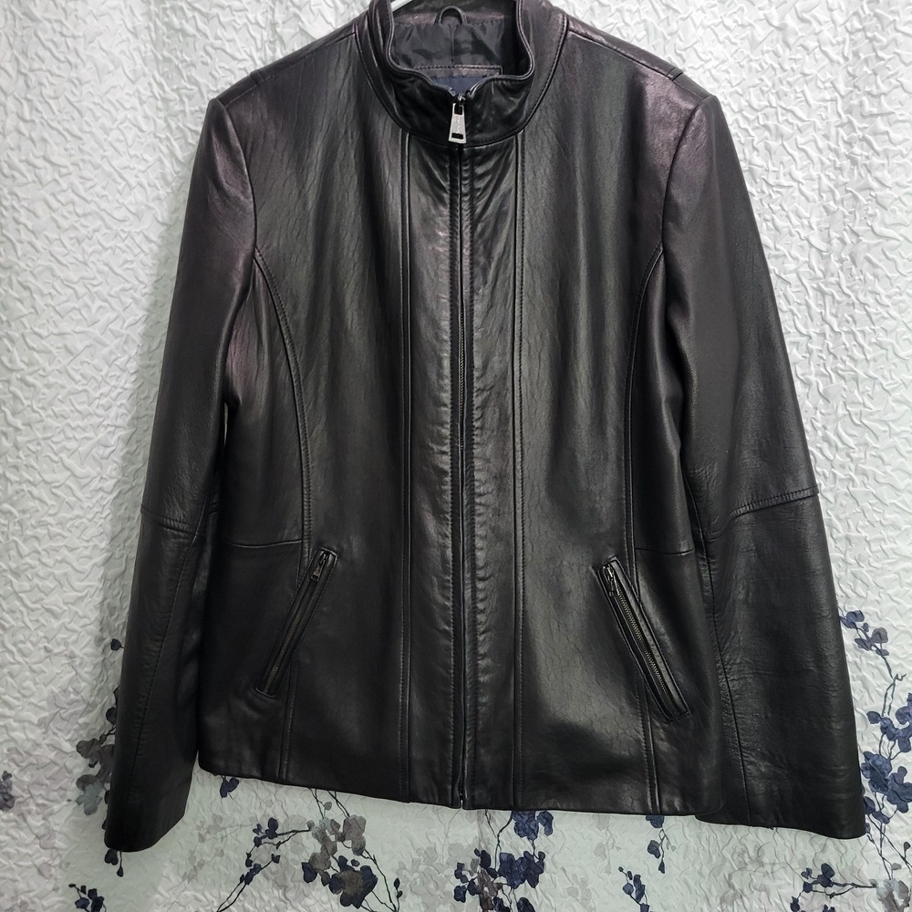 Nautica Women's Black Genuine Leather Jacket Size XL Full Zip Stand Collar